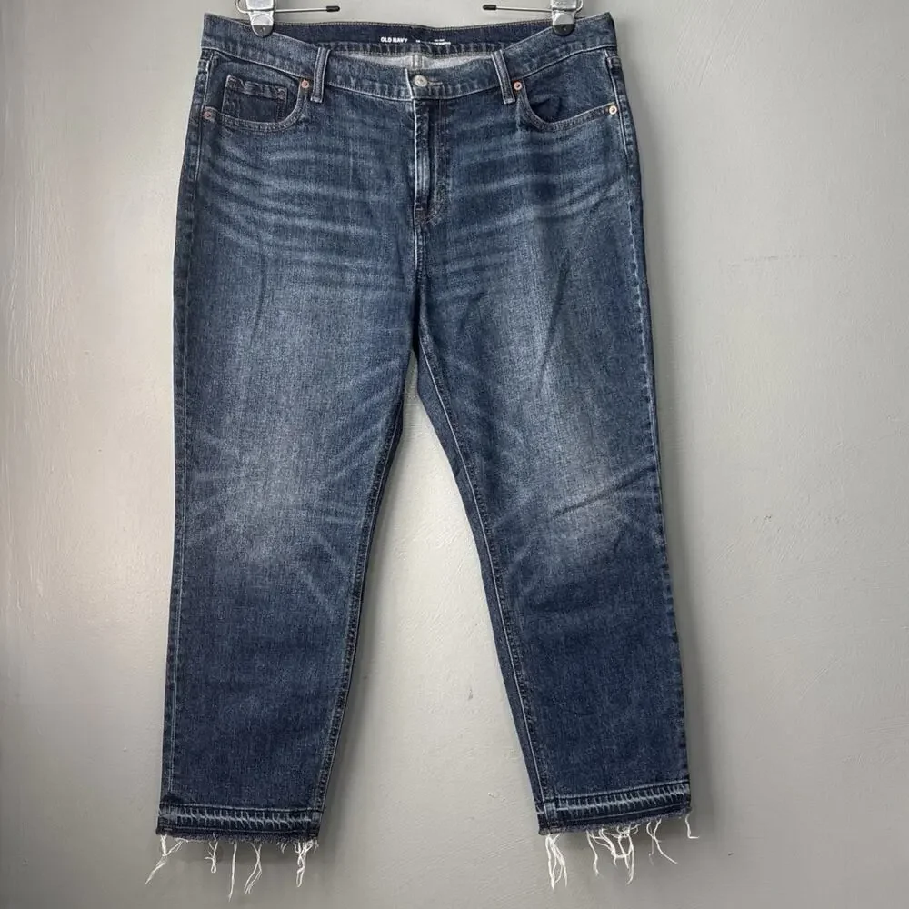 Old Navy Jeans Size 14 Mr Boyfriend Midrise Blue Stretch Denim Cropped Raw Hem